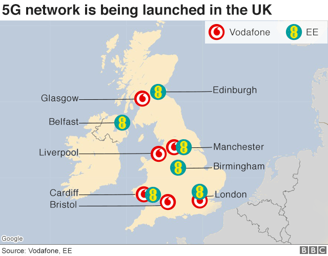 Карта, показывающая, где Vodafone и EE запускают покрытие сети 5G
