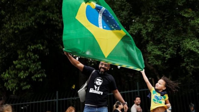Сторонники Jair Bolsonaro машут бразильским флагом