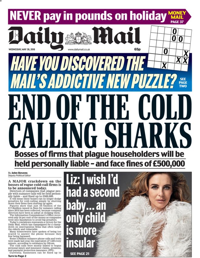 Daily Mail front page - 30/05/18