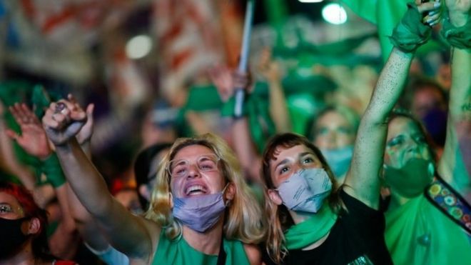 Demonstrators in favour of legalizing abortion attend a rally as the senate debates an abortion bill, in Buenos Aires, Argentina, December 30, 2020.