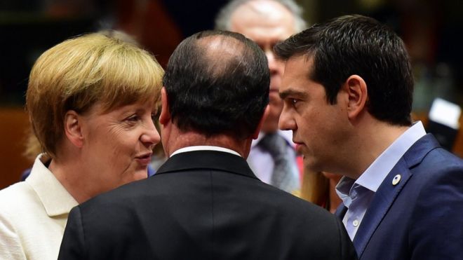 Ангела Меркель, Алексис Ципрас, Франсуа Олланд на саммите ЕС в июле 2015 года