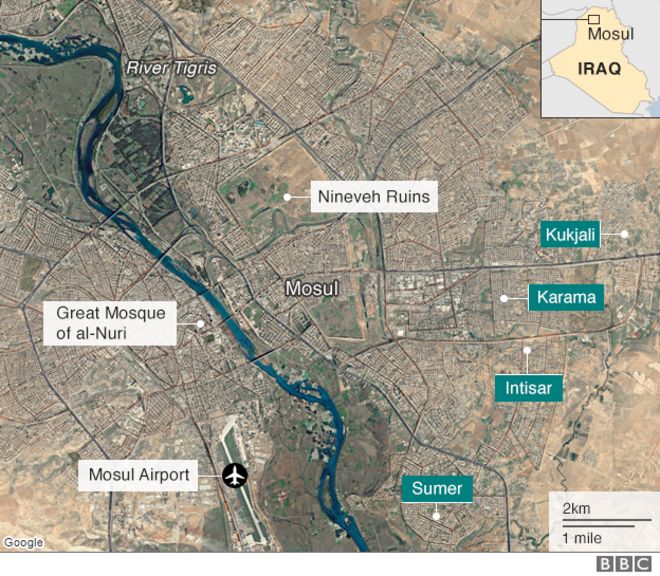 Карта с указанием ключевых мест в Мосуле