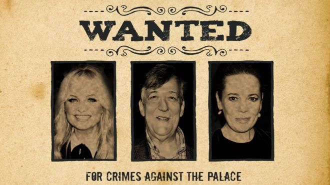 Плакат "Разыскивается" с изображением Эммы Бантон, Стивена Фрая и Оливии Колман