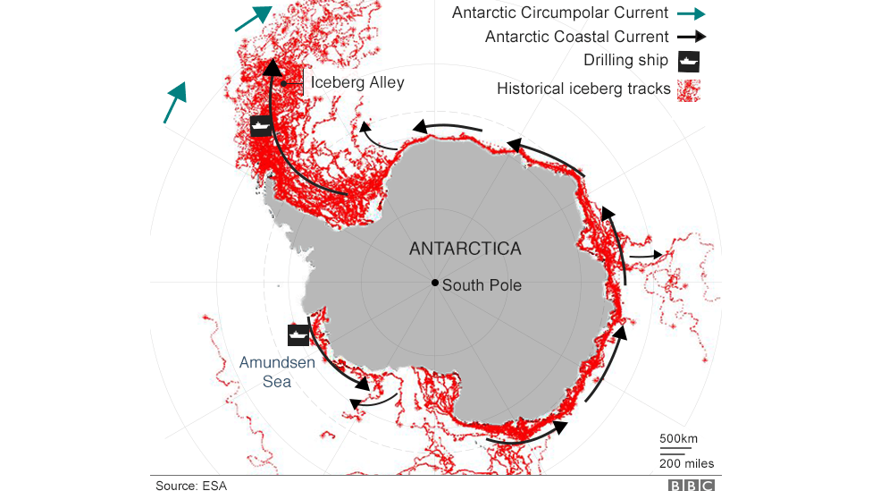 Карта Антарктиды с указанием прибрежных и циркумполярных течений