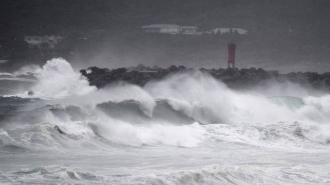Waves crash on the coast as Typhoon Haishen approaches in Makurazaki, Kagoshima prefecture on September 6, 2020