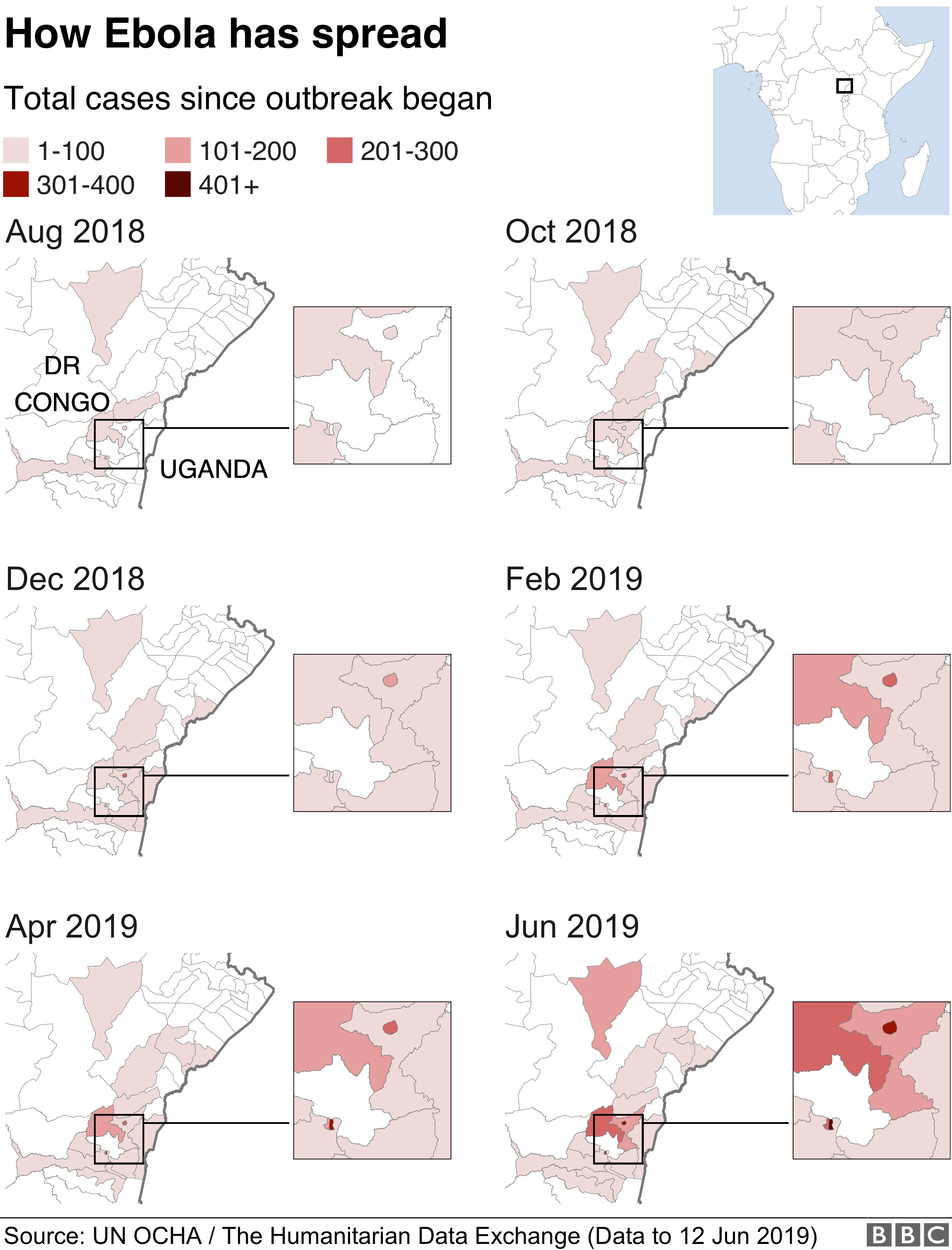 Карты, показывающие распространение Эболы в ДР Конго
