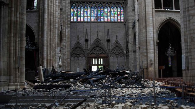 Debris inside the Notre-Dame-de Paris Cathedral in Paris