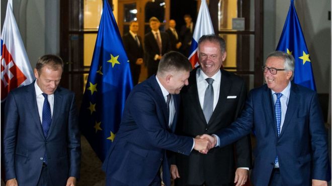 (L-R)President of the European Council Donald Tusk, Slovak Prime Minister Robert Fico, Slovak President Andrej Kiska, and President of the European Commission Jean-Claude Juncker pose for a group photo before their informal dinner on the eve of the European Union summit at the Bratislava Castle in the Slovak capital on 15 September 2016.