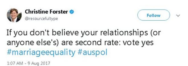 Твиттер гласит: Если вы не верите, что ваши отношения (или чьи-либо еще) второстепенны: проголосуйте да #marriageequality #auspol