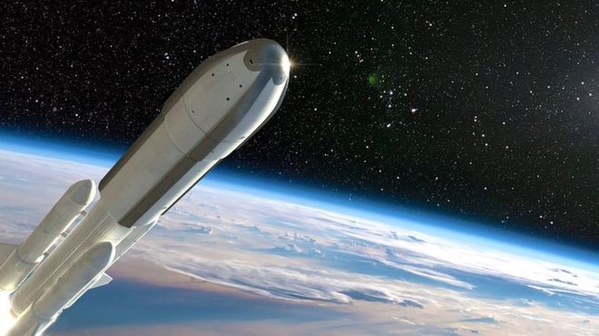 Artist's impression of what future spaceflight might look like. Shows metallic rocket speeding away from Earth.