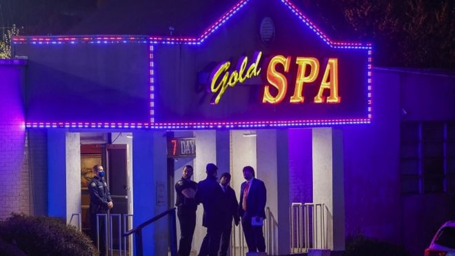 Atlanta Police Department officers investigate the scene of a shooting outside a spa on Piedmont Road in Atlanta, Georgia, USA, 16 March 2021