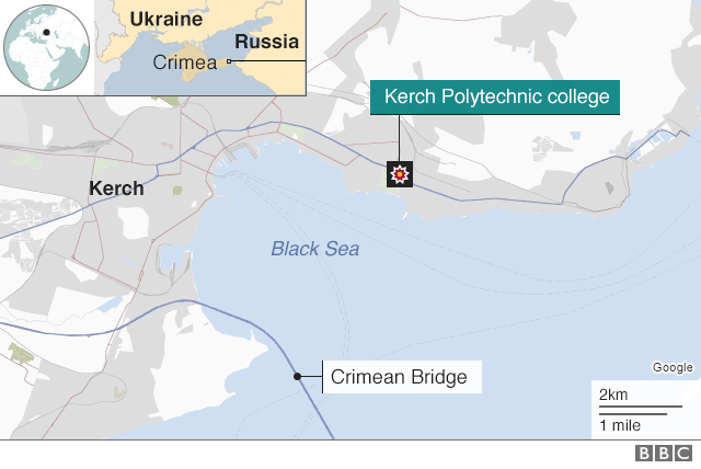 Карта с указанием местонахождения Керчи в Крыму, место нападения школы
