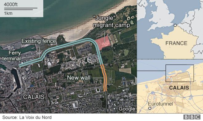 Карта с указанием существующих заборов и места строительства новой стены возле порта Кале
