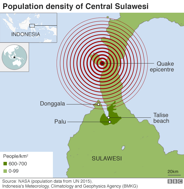Карта, показывающая плотность населения в Сулавеси и местоположение землетрясения