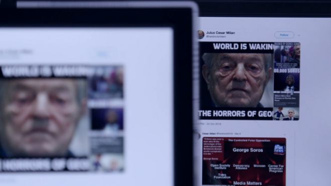 Screen showing "the world is waking up to the horrors of George Soros" meme
