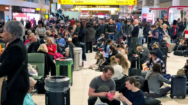 Crowds inside Gatwick Airport