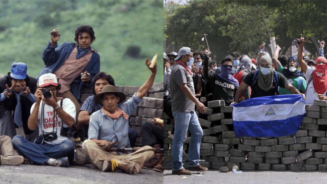 A photojournalist sits among Sandinista rebels in 1979/Students stand behind a barricade close to Nicaragua's Technical College during protests against government's reforms in the Institute of Social Security (INSS) in Managua on April 21, 2018