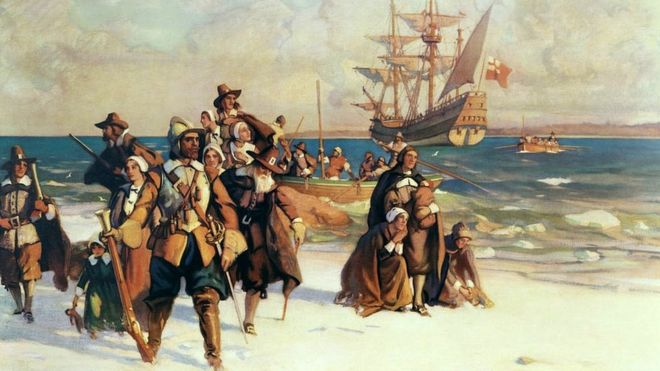 Los Padres Peregrinos llegando a Plymouth, Massachusetts a bordo del Mayflower, noviembre de 1620. Pintura de W.J. Aylward
