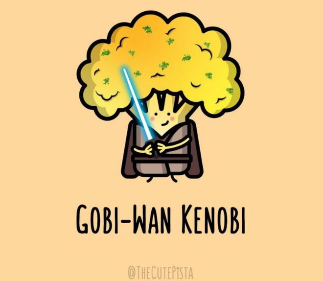 Изображение маленькой цветной капусты в коричневом халате с надписью Gobi-Wan Kenobi под ним