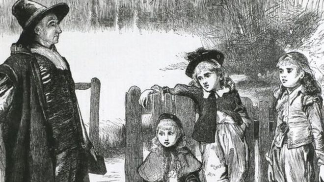 Em ilustrao, puritano repreende crianas por idolatria e por colher azevinhos para o Natal