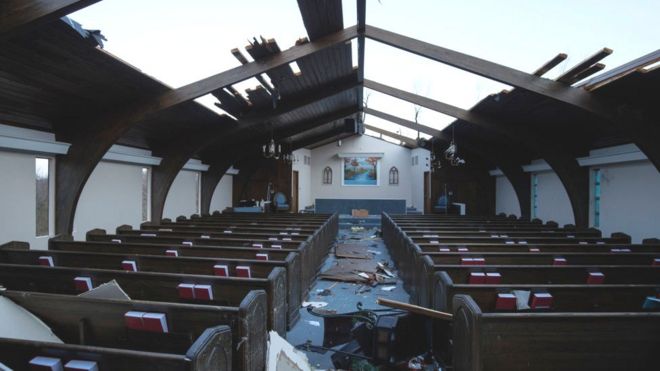 Inside of Emmanuel Baptist church for Mayfield, Kentucky wey tornado destroy