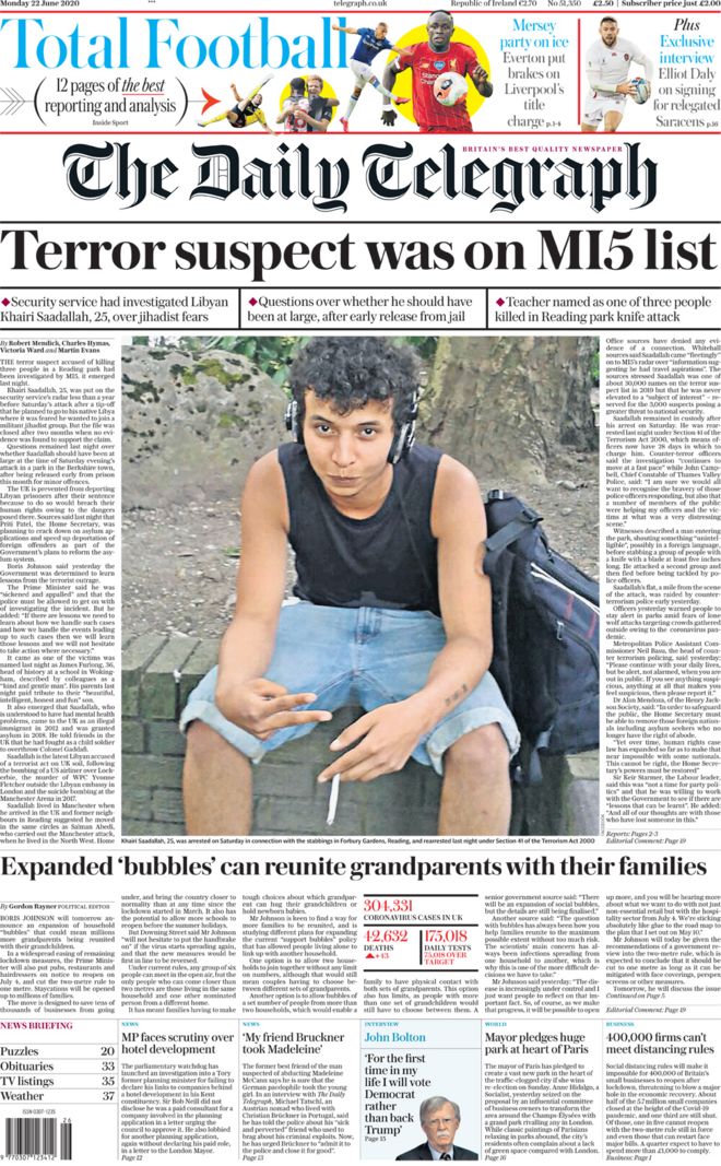 The Daily Telegraph front page 22 June