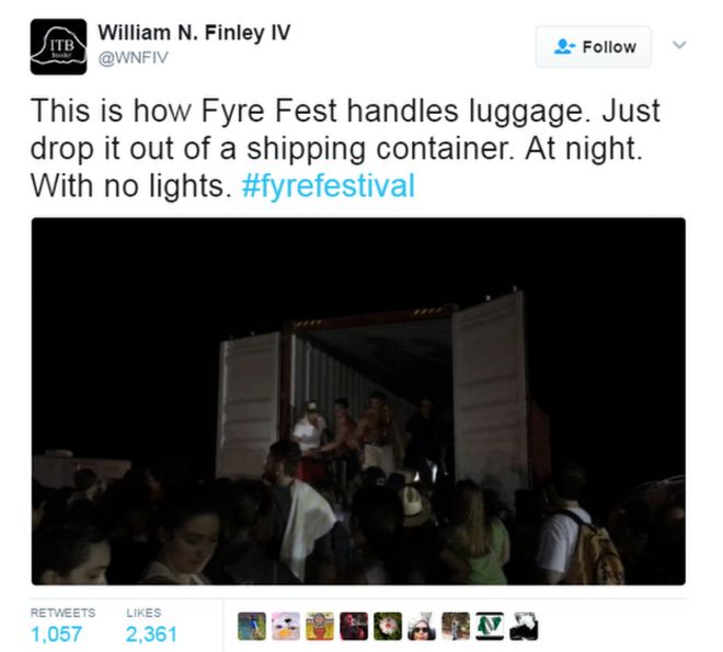 Уильям N Финли IV документирует свой опыт Fyre Festival в социальных сетях