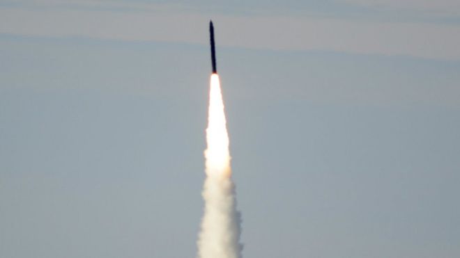 A long-range ground-based interceptor is launched from Vandenberg Air Force Base, California, in January 2016.