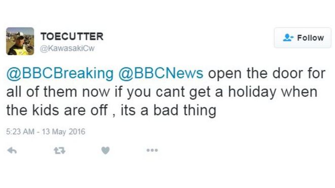 @BBCBreaking @BBCNews откройте дверь для всех них сейчас, если вы не можете получить выходной, когда дети выходят, это плохо