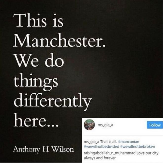 Цитата из Instagram "Это Манчестер, у нас все иначе". Зачислено Энтони Х. Уилсона. Энтони Уилсон - или Тони, как он был более известен - был основателем знаменитого ночного клуба Hacienda в Манчестере и Factory Records