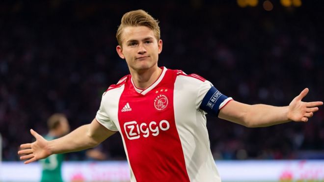 Matthijs de Ligt celebrates scoring against Tottenham in the Champions League