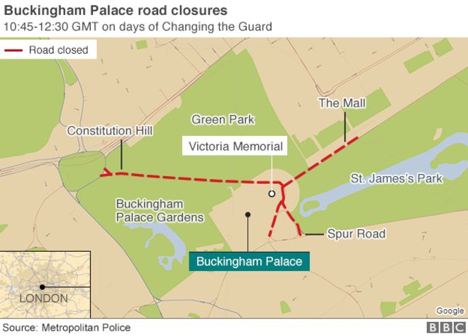 Карта смены гвардии на закрытии дороги вокруг Букингемского дворца