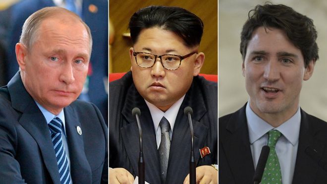 Russian President Vladimir Putin (left), North Korean leader Kim Jon-un (centre) and Canadian Prime Minister Justin Trudeau (right)