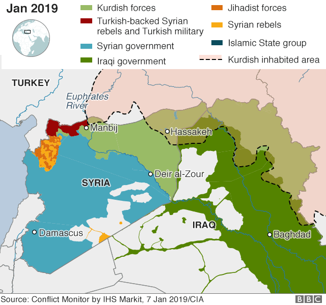 Карта, показывающая контроль над Сирией и населенными курдами районами Сирии, Турции и Ирака (7 января 2019 года)