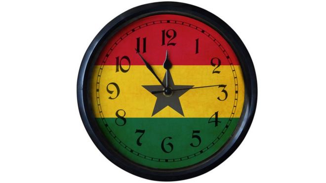 A clock in the colours of the Ghanaian flag