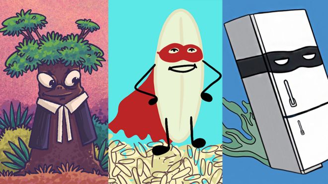 Collage de ilustraciones que muestran un árbol disfrazado de abogado, un grano de arroz disfrazado de superhéroe y una nevera con un antifaz de villano