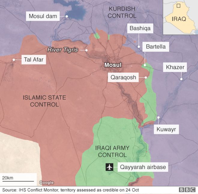 Карта, показывающая успехи иракцев и курдов в Мосуле