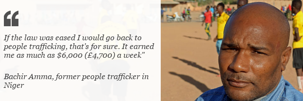 Цитата: Башир Амма: «Если бы закон был смягчен, я бы вернулся к торговле людьми, это точно. Это приносило мне целых 6000 (4700 фунтов) в неделю & quot;