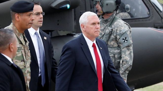 US Vice President Mike Pence arrives at Camp Bonifas near the truce village of Panmunjom, in Paju, South Korea, 17 April 2017.