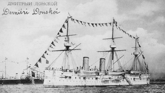 A black and white picture of the Dmitrii Donskoi in Brest, France