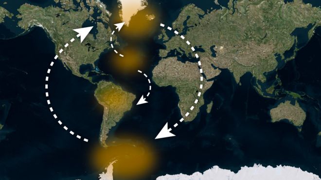 Mapa de los continentes con flechas que indican potenciales interacciones entre posibles puntos de no retorno