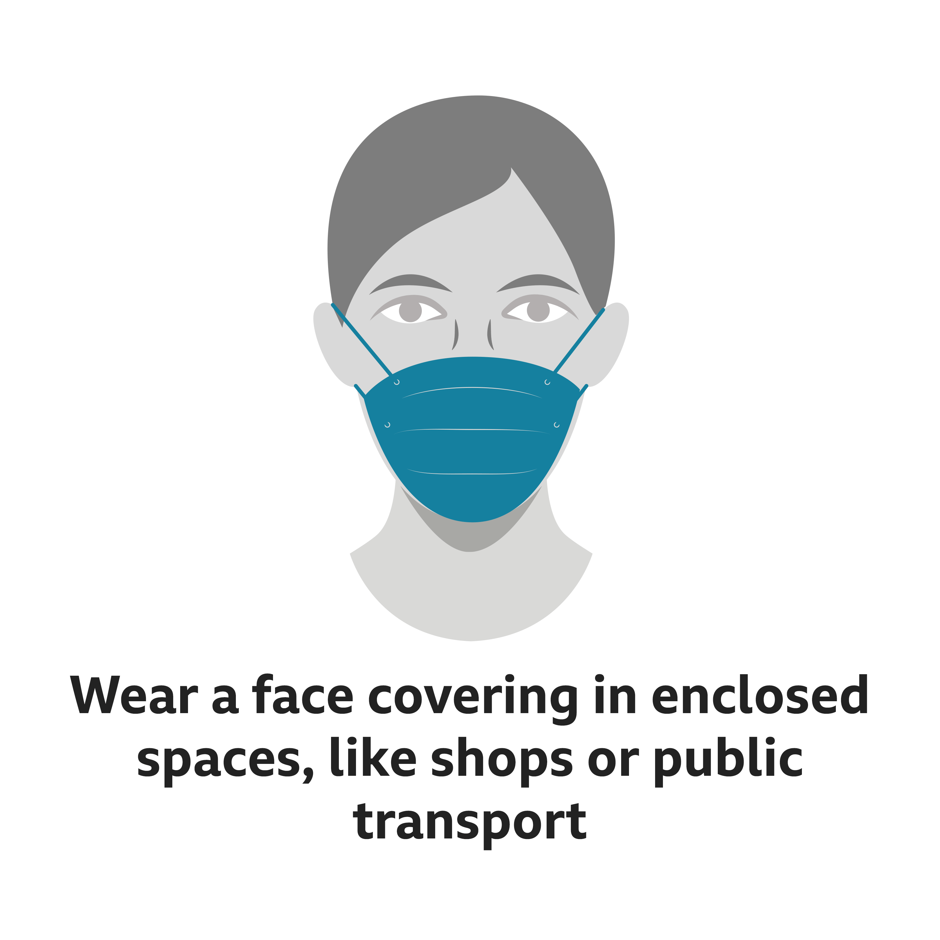 На изображении изображена женщина, носящая маску для лица - и сказано, что ее следует носить в закрытых помещениях, таких как магазины или общественный транспорт