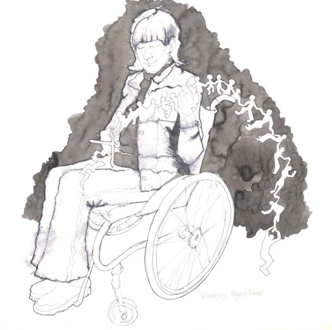 Иллюстрация ручки и чернил женщины в кресло-коляске режа цепь бумажных кукол.