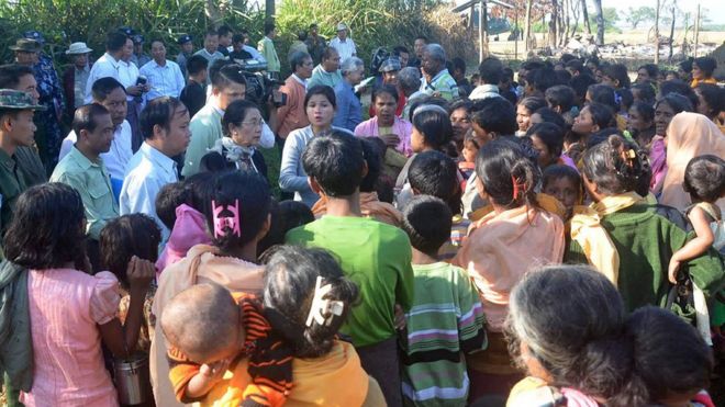 Rakhine State Investigation Commission officials meeting residents of Gwazon, a Muslim majority village in Maungdaw located in Rakhine State near the Bangladesh border, where a military officer was killed by a group of attackers on November 12.