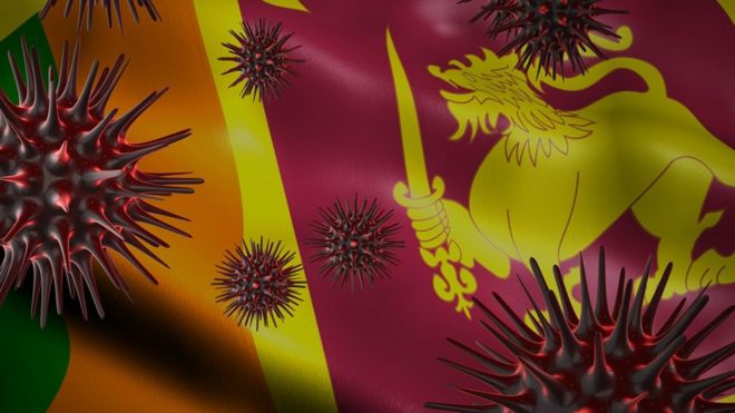 A coronavirus spinning with Sri Lanka flag behind as epidemic outbreak infection in Sri Lanka