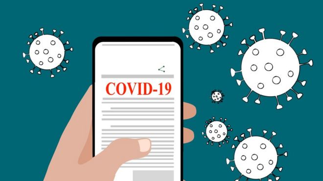 Ilustração mostra celular exibindo a palavra 'covid-19' com ilustrações de coronavírus ao lado