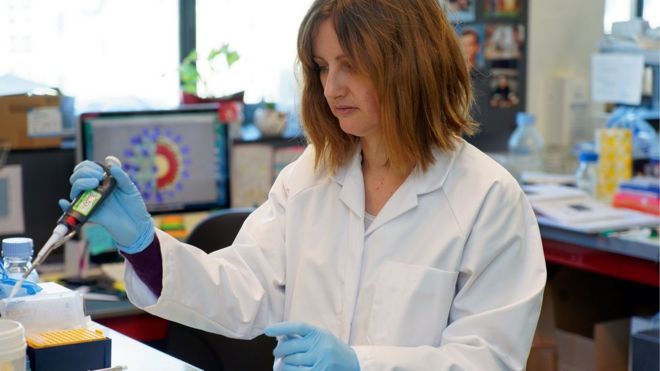 Sandrine Belouzard, virologist and researcher, works in her epidemiology laboratory of the "Infection and Imminence Center" at the Pasteur Institute of Lille on February 17, 2020 in Lille, France