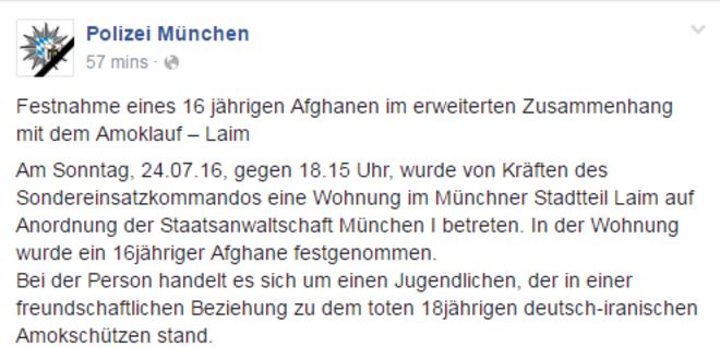 Сообщение в Facebook, сообщающее об аресте 16-летнего афганского мальчика в связи со стрельбой в пятницу