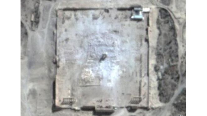 Satellite image of Palmyra showing destruction of the Temple of Bel