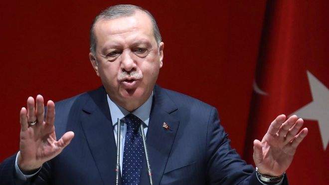 Президент Турции Реджеп Тайип Эрдоган обращается к провинциальным руководителям своей турецкой правящей Партии справедливости и развития (ПСР) 11 января 2019 года в штаб-квартире партии в Анкаре